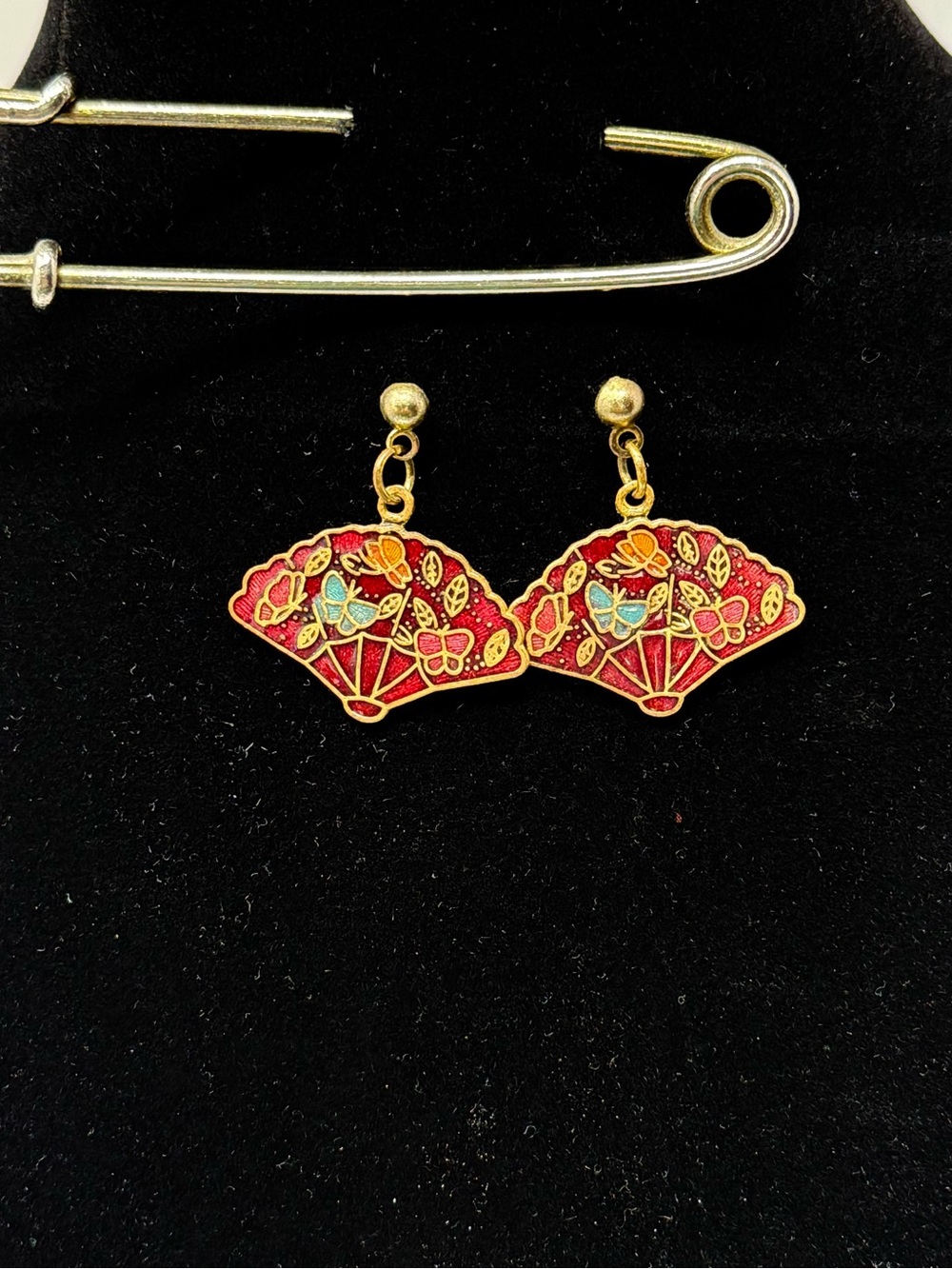 Vintage Fan Cloisonné Butterly Post Back Earrings